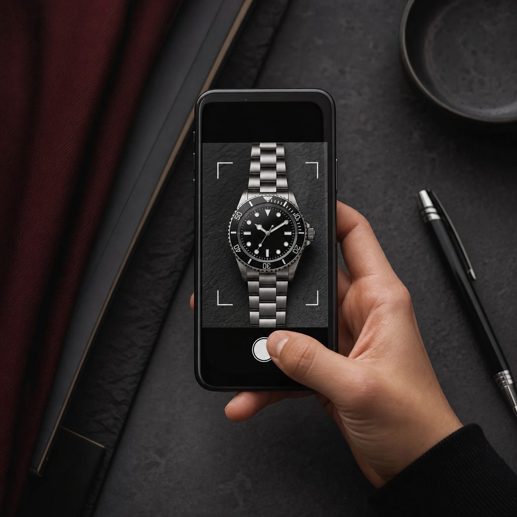 How to photograph a luxury watch correctly — phone held straight above the item, dial centered inside the camera's focus brackets